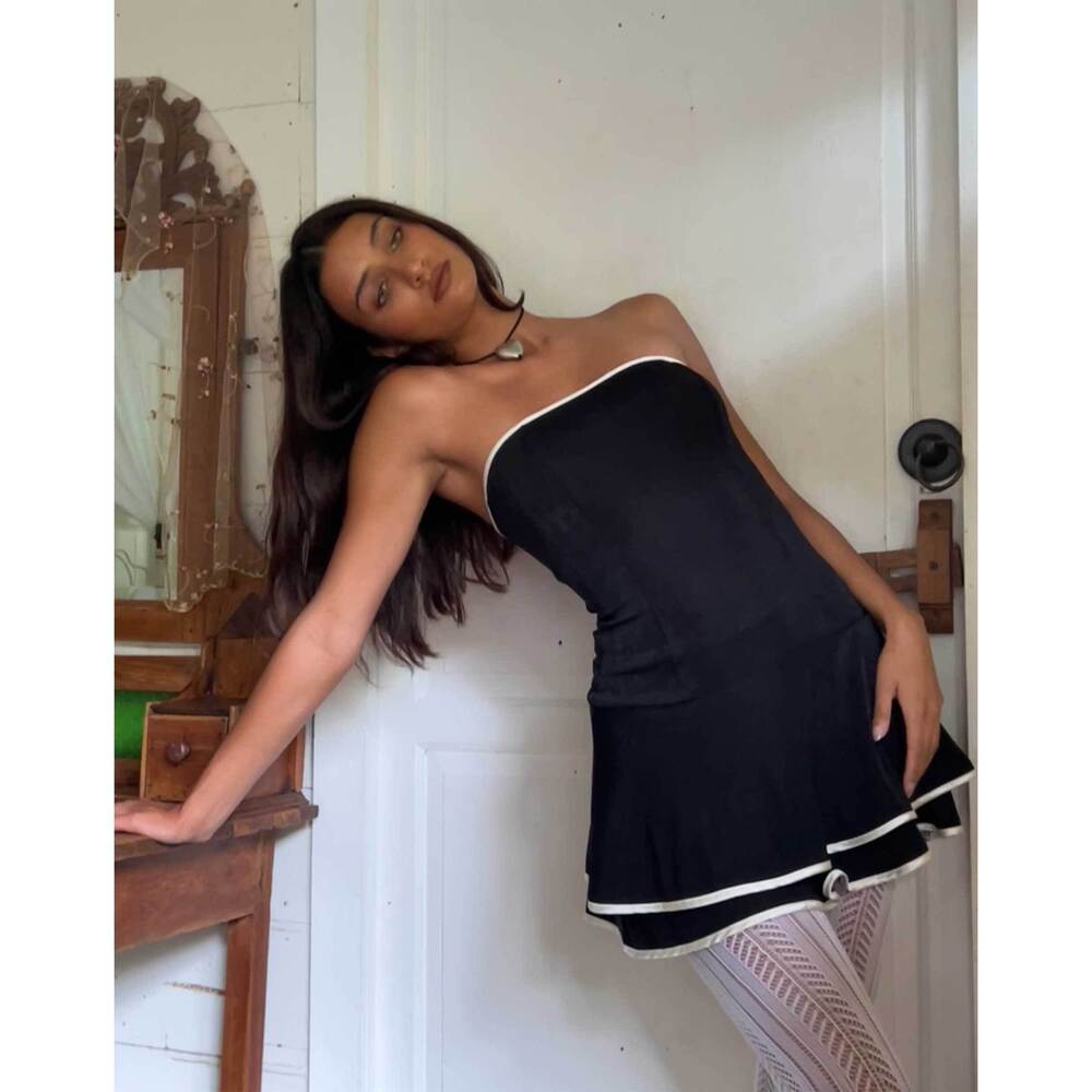 Motel Rocks Samira Bandeau Mini Dress in Black with Ivory Binding M